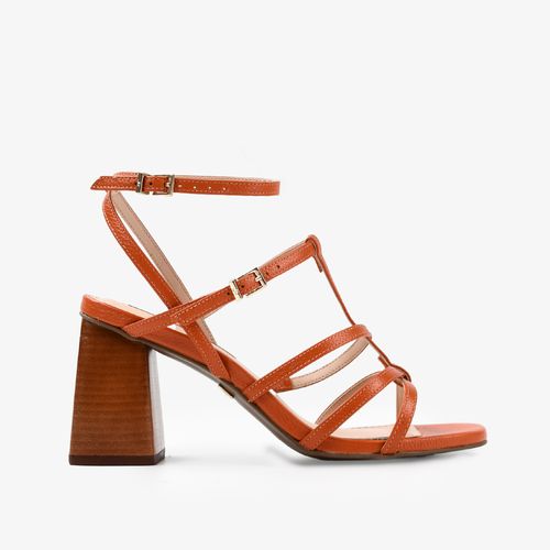 Sandália Salto Bloco Laranja Couro