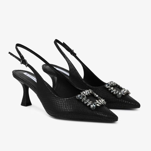 Slingback Salto Fino Preto Pedarias Couro Snake