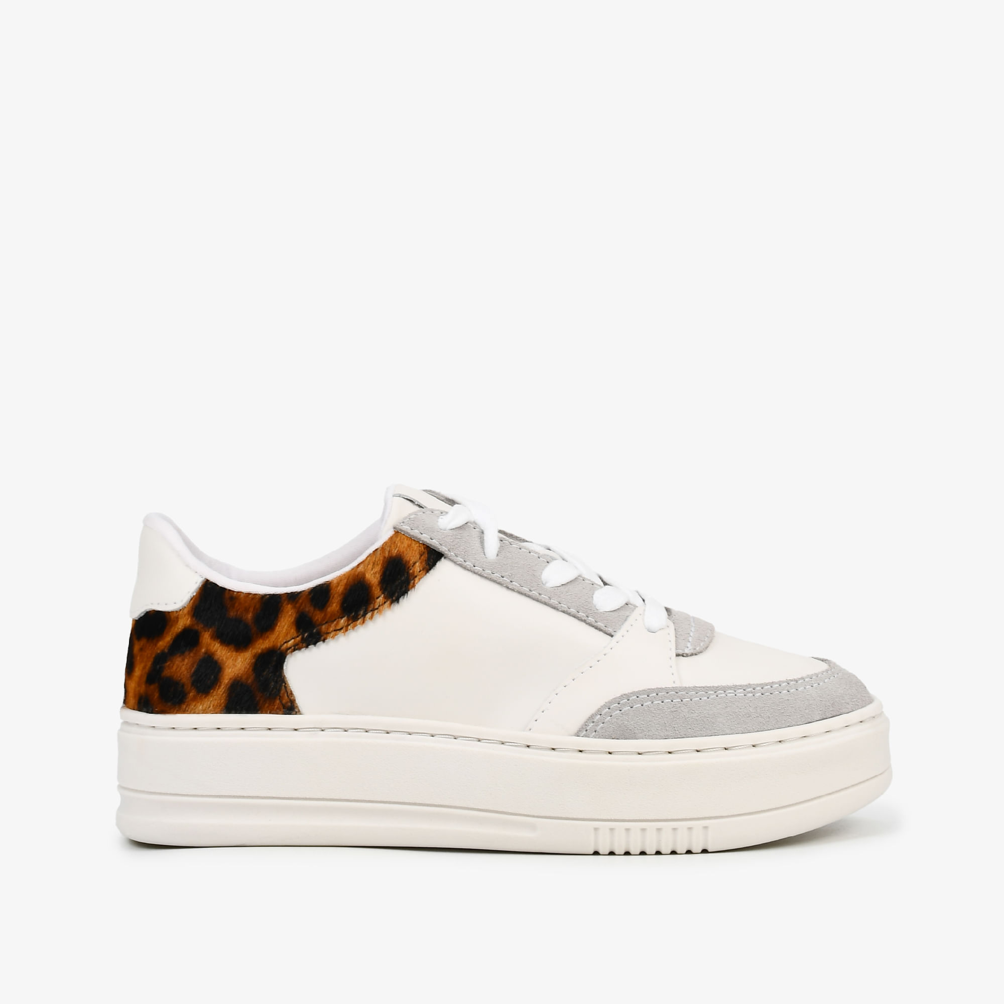 Tênis Branco Cinza Animal Print Couro Camurça