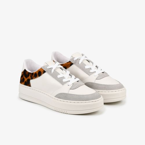 Tênis Branco Cinza Animal Print Couro Camurça