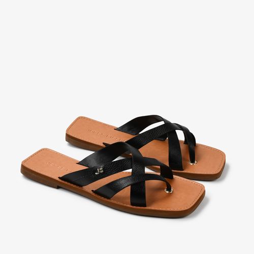 Flat Slide Preto Tiras Couro