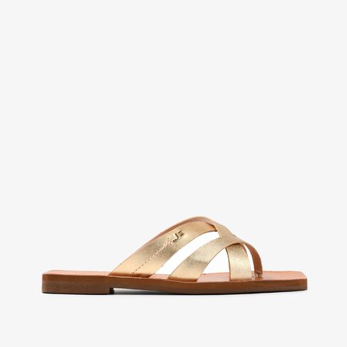 Flat Slide Dourado Tiras Couro