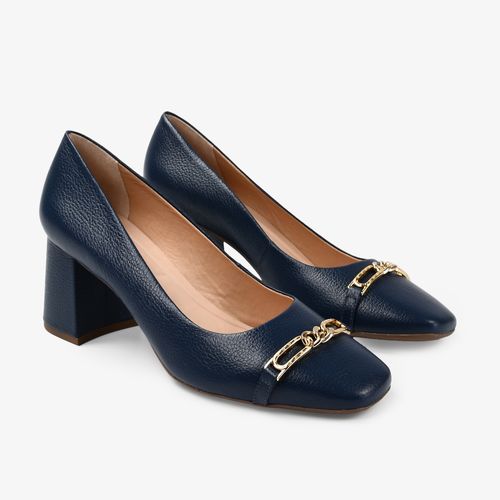 Scarpin Azul Marinho Corrente Dourado Couro