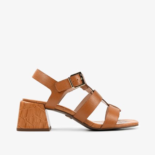 Sandália Marrom Caramelo Salto Bloco Couro Croco