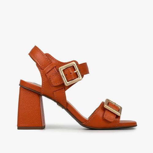 Sandália Laranja Salto Bloco Alto Couro