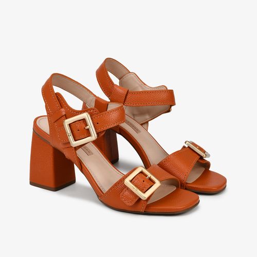 Sandália Laranja Salto Bloco Alto Couro