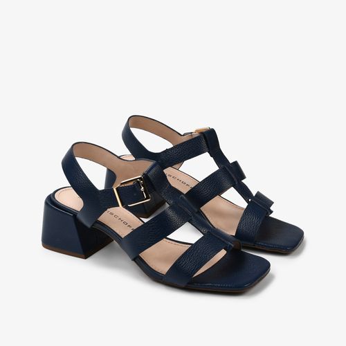 Sandália Azul Marinho Salto Bloco Couro