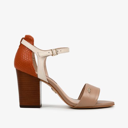 Sandália Marrom Nude Marrom Salto Bloco Couro