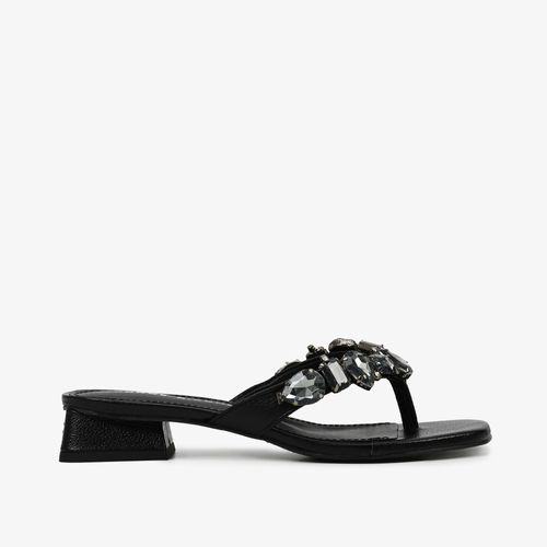 Tamanco Preto Salto Bloco Baixo Pedraria Couro