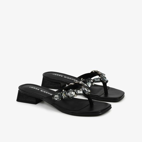 Tamanco Preto Salto Bloco Baixo Pedraria Couro