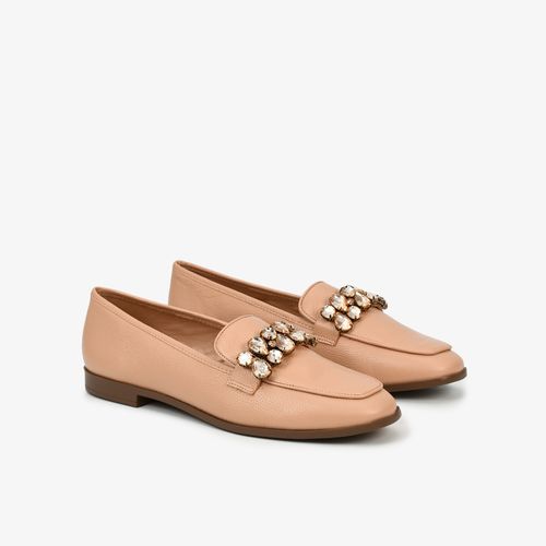 Loafer Nude Pedraria Couro