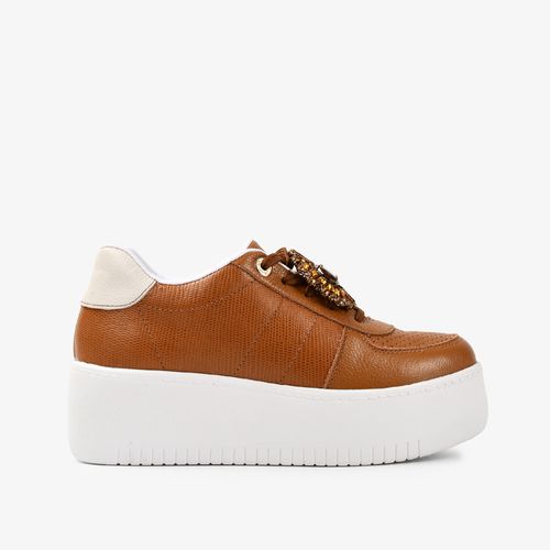 Tênis Plataforma  Marrom Caramelo Pedraria Couro