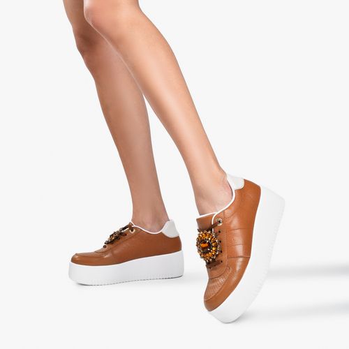 Tênis Plataforma  Marrom Caramelo Pedraria Couro