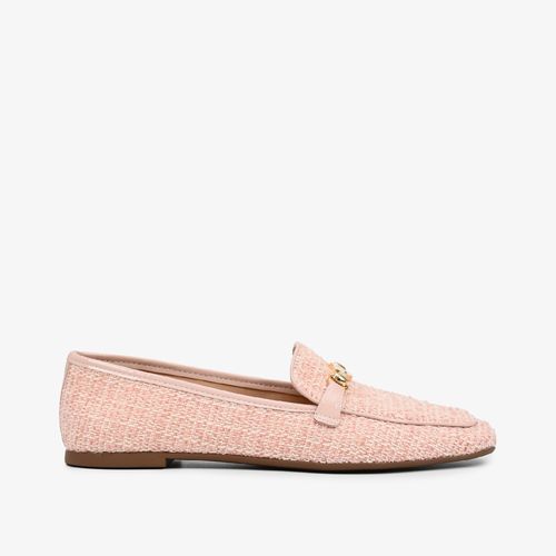 Calçado Fechado Feminino Loafer Tecido Tweed Special Rosêtramado Árabe Salmão / Off(usatex)