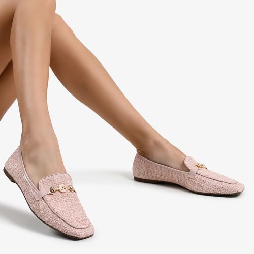 Calçado Fechado Feminino Loafer Tecido Tweed Special Rosêtramado Árabe Salmão / Off(usatex)