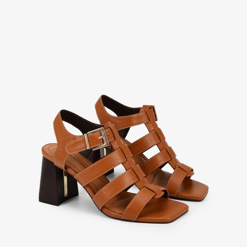 Sandália Marrom Amêndoa Salto Bloco Couro