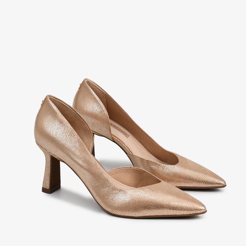 Calçado Fechado Feminino Scarpin Couro Tela Metal Natural