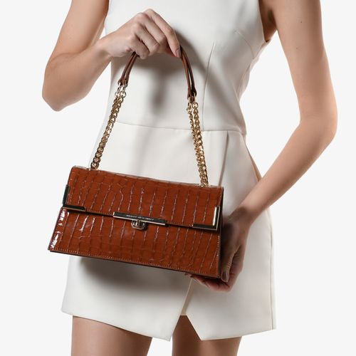 Bolsa De Ombro Marrom Tabaco Couro Croco