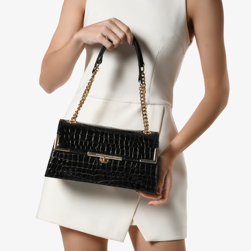 Bolsa De Ombro Preto Couro Croco