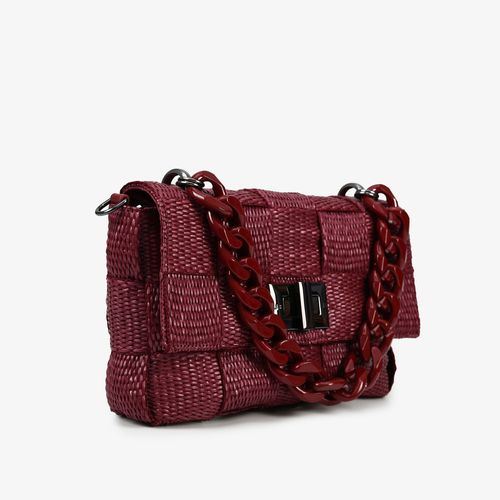 Bolsa Transversal Vinho Cabernet Ráfia Alça Couro