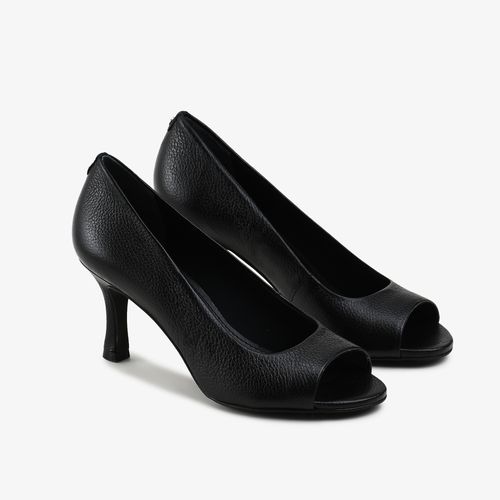 Peep Toe Preto Salto Fino  Couro